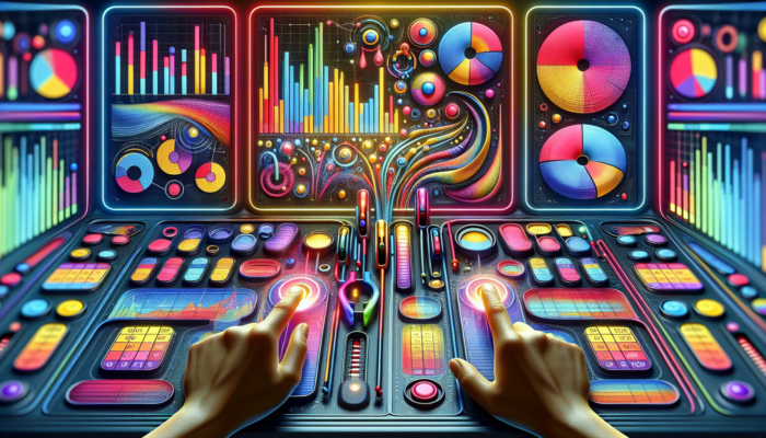 Futuristic dashboard showcasing graphs, KPIs, and hands adjusting sliders for A/B testing in paid social media.