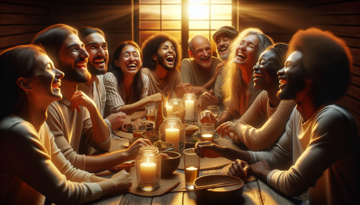 A diverse group of friends laughing and sharing stories around a warmly lit dining table, symbolising the strength and joy of social bonds.