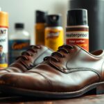 A pair of polished brown smooth leather dress shoes sits on a table, surrounded by various shoe care products, including waterproofing spray and other better alternatives like bottles and sprays labelled "Helaint," "Gayert," and "Heaterproof.