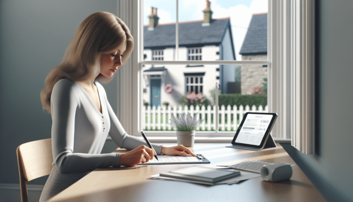 Individual signing Lasting Power of Attorney at a desk, with a UK home visible through the window, symbolising remote property management.