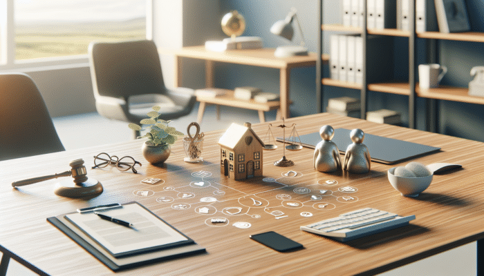 A desk featuring "Lasting Power of Attorney" documents, symbols of property management and elderly care.