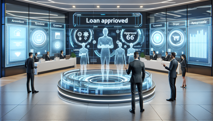 Debt Consolidation Loans with Fast Approval: Quick Solutions | DCL Modern bank with holographic displays for quick loan approvals, satisfied customers, contemporary design.