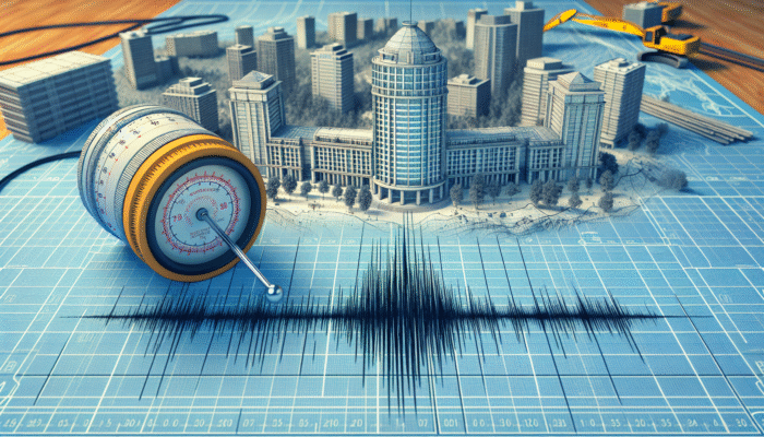 Blueprint of a modern Chilean building featuring earthquake-resistant design alongside a seismograph illustrating seismic activity.