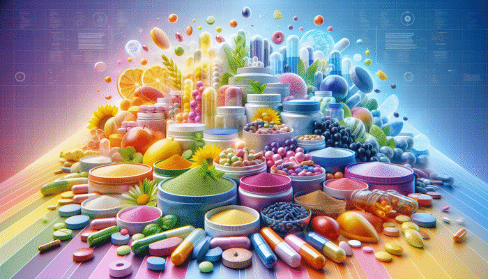 A vibrant selection of dietary supplements in various forms, including capsules, tablets, and powders, set against a lively backdrop.