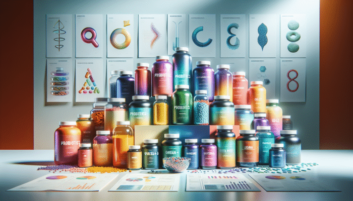 An array of specialty supplement bottles, including probiotics, omega-3 fatty acids, and protein powders, set against a health-focused backdrop.