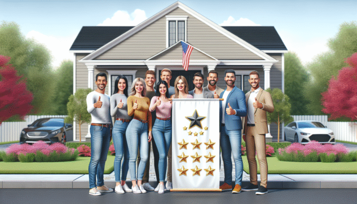 Content homeowners giving thumbs-up in front of their property, showcasing a banner with top-rated home service logo and reviews.