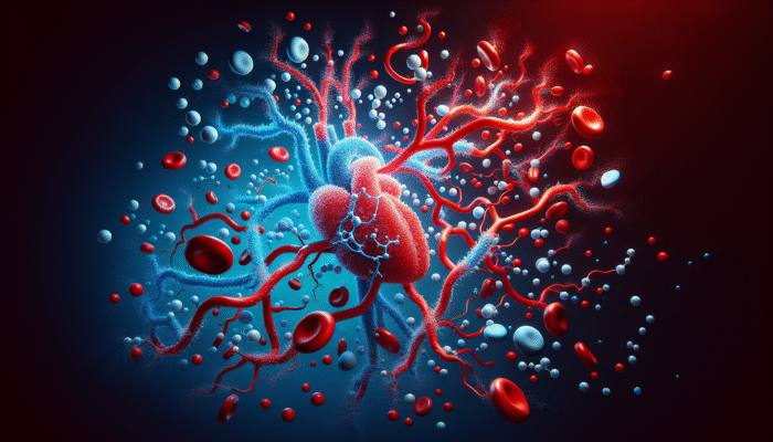 Illustration depicting nitric oxide molecules enhancing cardiovascular health in blood vessels, with red and blue colours.