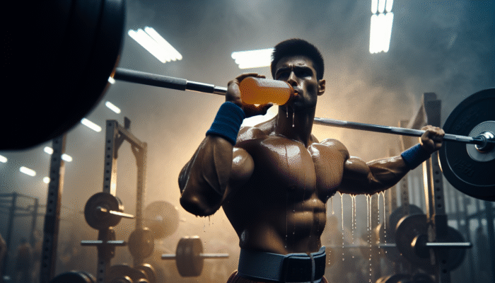 Powerlifter in a hot gym, sweating, drinking electrolyte-rich sports drink, focused, surrounded by weights and a global competition banner.