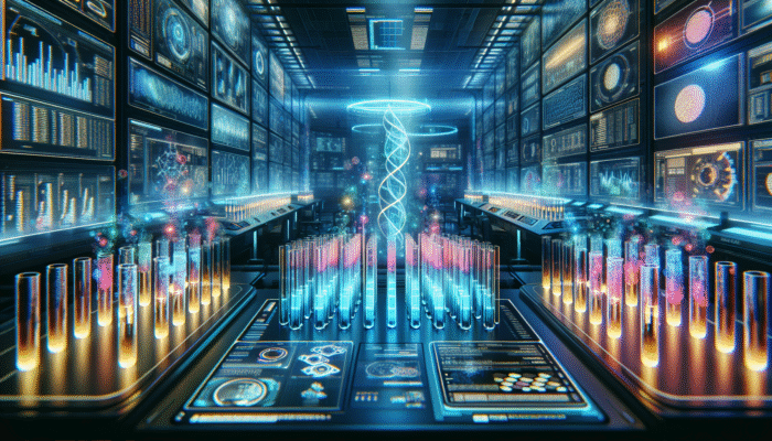 A high-tech laboratory featuring glowing test tubes and digital displays showing protein absorption data.
