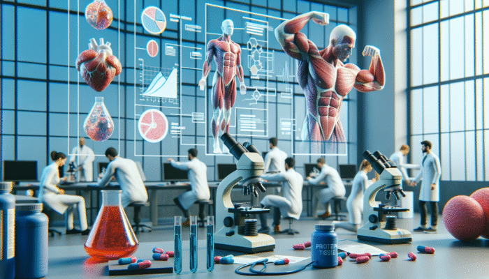 Researchers examining muscle tissue samples under microscopes, accompanied by charts and protein supplements in the vicinity.