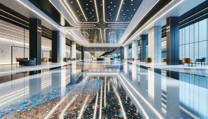 Brilliant epoxy terrazzo flooring in a modern commercial space, showcasing light reflection and durability.