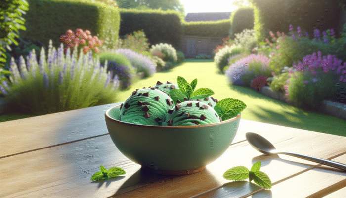 How to Use Mint in Desserts: A bowl of vibrant green mint chocolate chip ice cream with fresh mint leaves and dark chocolate chips, enjoyed on a sunny UK summer day.