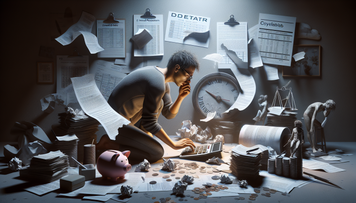 Person in dimly lit room, surrounded by financial documents, anxiously calculating extended debt repayment on calculator, calendar showing prolonged dates.