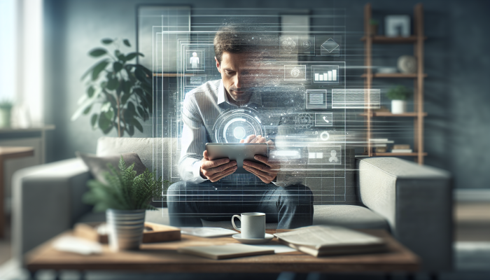 A man using a digital tablet to organise tasks on Trello, enhancing work-life balance at home.