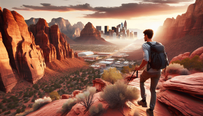 A solo traveller hiking in the red rock desert near Las Vegas, discovering both tranquillity and an exhilarating experience.