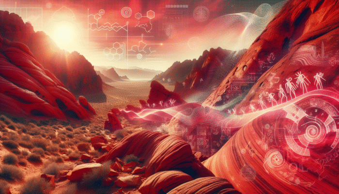Vibrant red sandstone landscape at Valley of Fire State Park featuring the Fire Wave Trail and ancient petroglyphs.