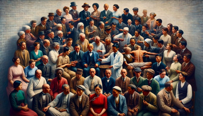 Early 20th-century British individuals surrounding an acupuncturist, showcasing a blend of curiosity and skepticism towards the ancient Chinese practice.