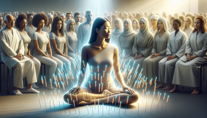 Serene Asian woman receiving acupuncture, surrounded by glowing needles, observed by a diverse crowd.