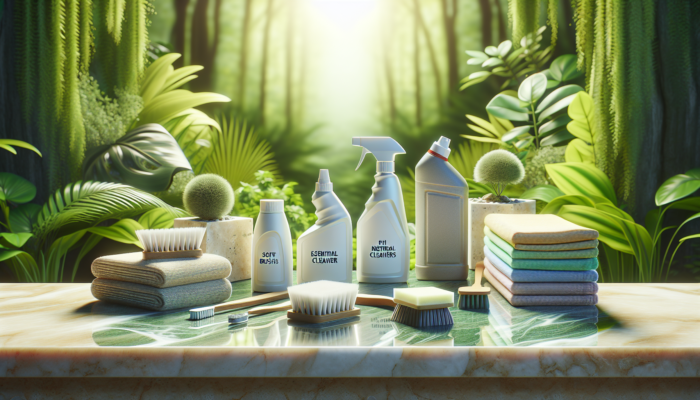 Essential cleaning products for travertine displayed on a sparkling surface with a lush greenery background.