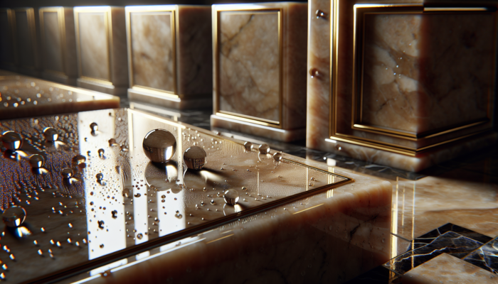 Glossy travertine tiles with water droplets in an elegantly lit bathroom, showcasing sealant protection.