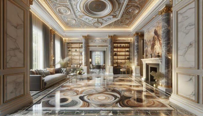 Elegant marble flooring in a luxurious Midlothian home, enhancing sophistication with diverse colours and natural veining.
