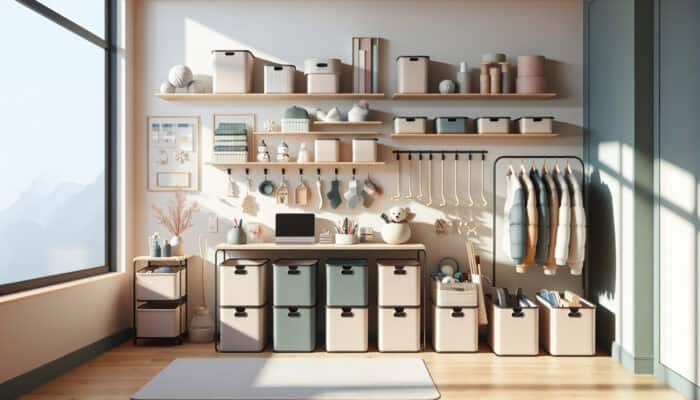 A well-organised minimalist room featuring efficient storage solutions including bins, shelves, hooks, and labelled containers for seasonal items.