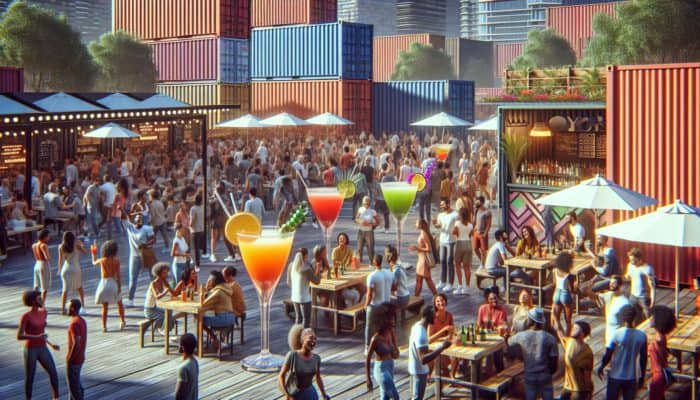 Diverse groups enjoying colourful mocktails at vibrant outdoor bars in downtown Container Park.