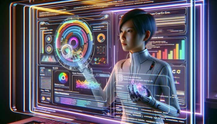 A webmaster analysing Google Search Console data on an advanced holographic display in a tech-savvy environment.