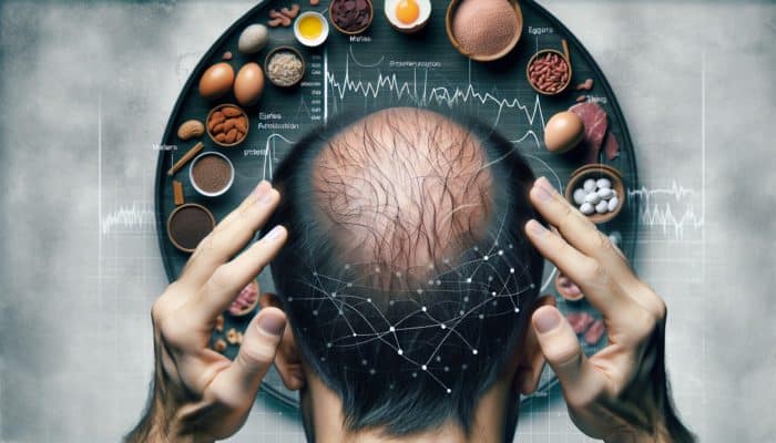 A scalp with thinning, brittle hair and patches of hair loss beside protein-rich foods like eggs, meat, and legumes.