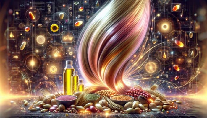 Lustrous hair strands coated in omega-6 fatty acids, surrounded by nuts, seeds, and oil bottles.