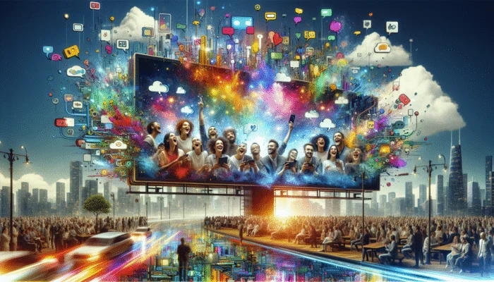 "Share Your Experience!" billboard featuring delighted customers on devices, colourful speech bubbles, and a cityscape.