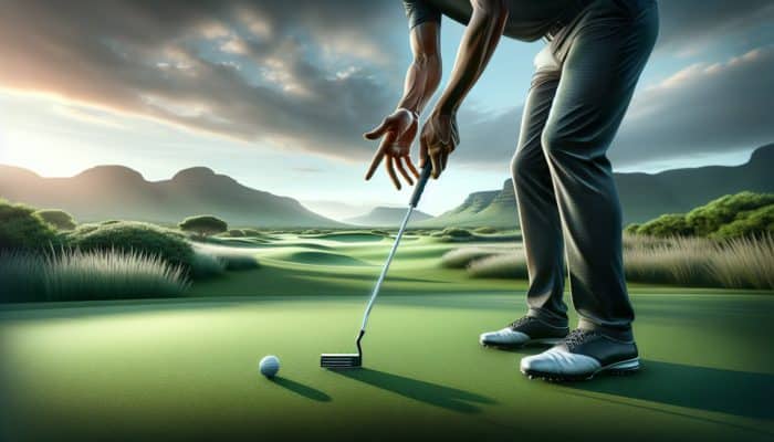 A golfer demonstrating the 'reverse overlap' grip on a putter for improved control on South African greens.