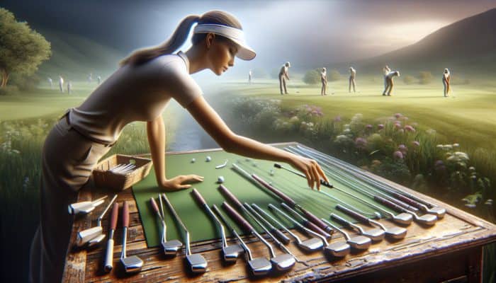 A golfer selecting a putter from a variety on a wooden table set against a green landscape.