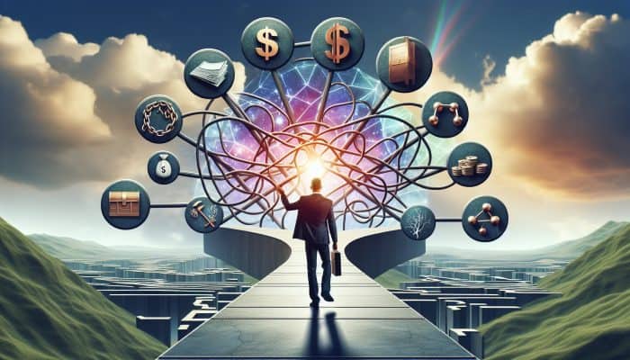 Crucial Terminology in Debt Consolidation: A Comprehensive Guide | DCL A person confidently navigating a clear path through a complex financial landscape with labelled signposts under a bright sky.