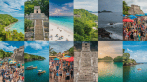 A collage of 12 images showcasing beaches, ancient stone ruins, vibrant landscapes, ocean views, bustling festivals with market stalls, boats on water, and people on sandy shores under blue and cloudy skies—ideal for a Belize travel guide.