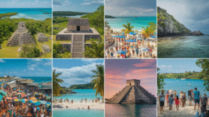 A collage of eight images illustrating ancient Mayan ruins, crowded beaches, clear turquoise waters, a vibrant marketplace with colourful umbrellas, tourists, and tropical landscapes beneath Belize's sunny and partly cloudy skies.