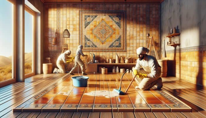 Freshly cleaned terracotta tiles in a warm room, restored by professionals removing dirt and stains.
