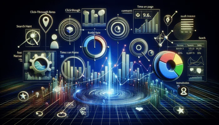 A digital dashboard displaying Google Analytics data with graphs on click-through rates, bounce rates, and time spent on page.