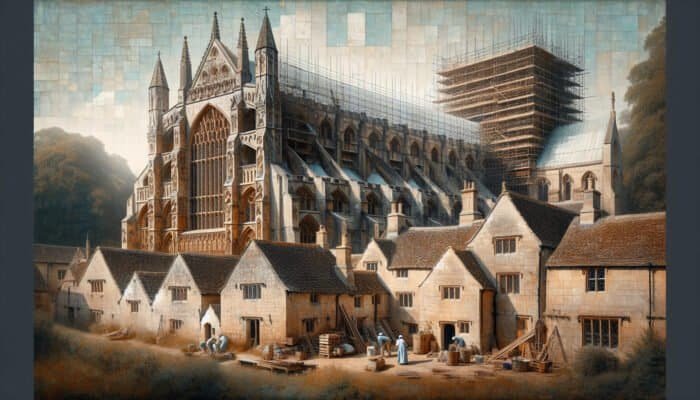 Detailed view of Westminster Abbey and Cotswold cottages, showcasing intricate limestone facades and restoration efforts.