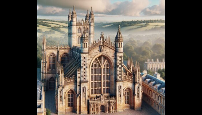 Restored limestone façade of Bath Abbey in Somerset, showcasing revitalised stonework after steam cleaning and chemical treatments.