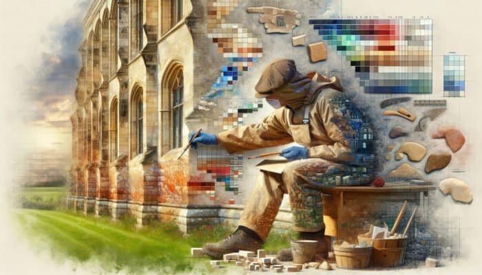 A UK restorer applying local limestone varieties on a historic building, highlighting the importance of regional expertise.