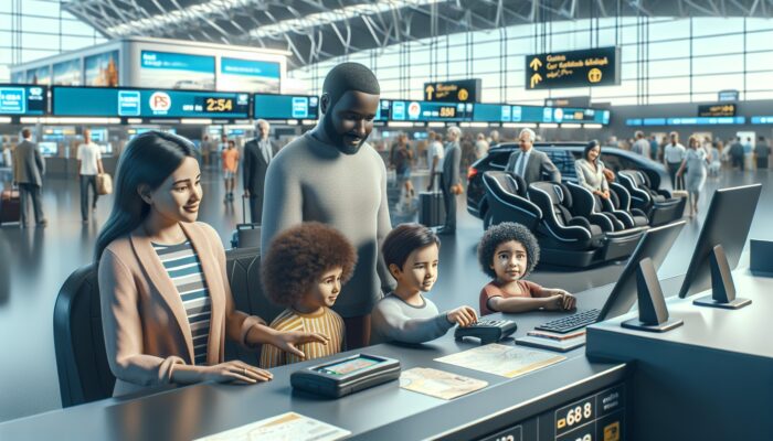 Family at car rental desk selecting GPS and child seats, busy airport backdrop.