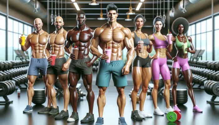 A diverse group of fitness enthusiasts in a gym with protein shakes, showcasing muscle definition and vitality.