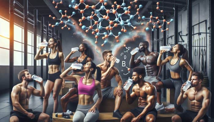 Athletes in a gym consuming BCAA supplements, with molecular structures of leucine, isoleucine, and valine.