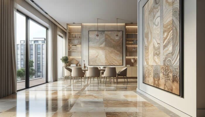 Luxurious travertine floor in a modern UK home, showcasing creamy beige and brown tones with intricate patterns.