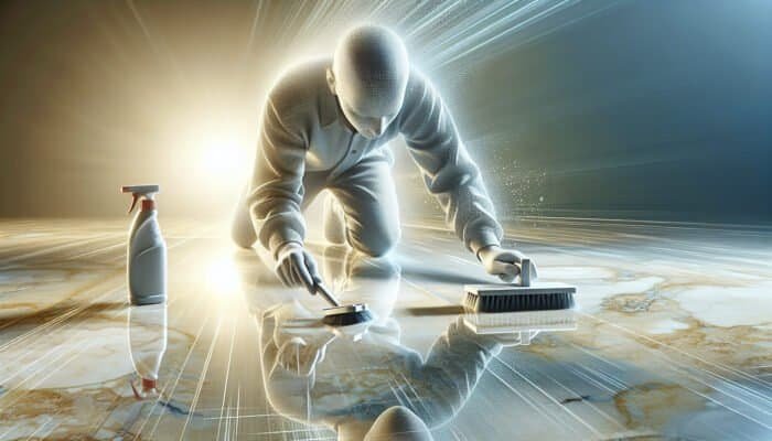Individual cleaning travertine floor using a brush, detergent, and stone cleaner, demonstrating stain removal.