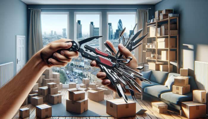 Hand Tools for Streamlined House Clearance Operations: A person efficiently using a multi-tool to clear a cluttered London apartment.