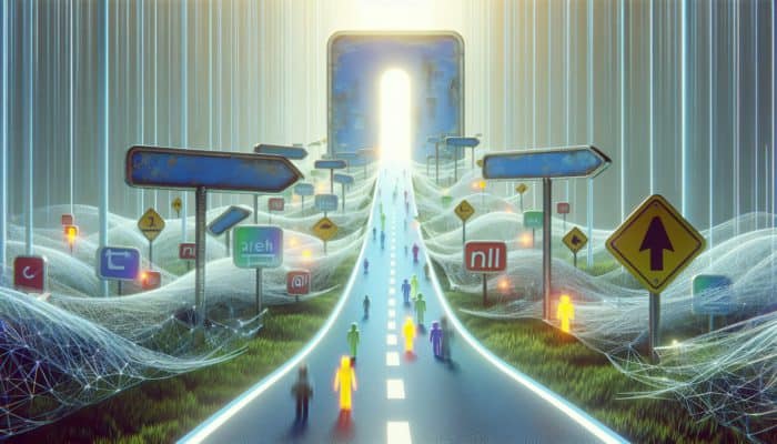 Utilising 301 Redirects for Link Equity: A digital journey from an outdated URL to a fresh, engaging URL, illustrating a seamless 301 redirect process, with search engine bots and users navigating effortlessly.