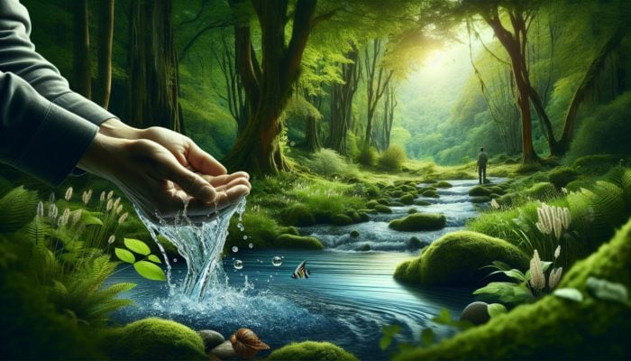 A person soothing a minor burn on their hand with a stream of cool water in a scenic outdoor setting.