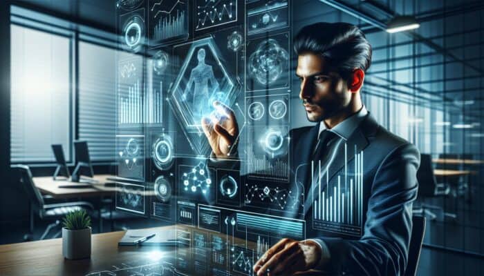 Futuristic analyst in a sleek office studying market trends on glowing screens to maintain competitiveness in the supplement industry.